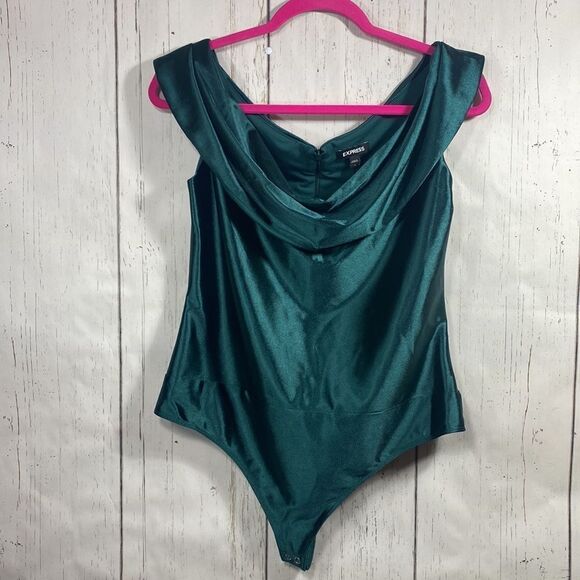 Express Emerald Green Satin Bodysuit Cowl Neck Sleeveless Size M Holiday Glam - Picture 5 of 13